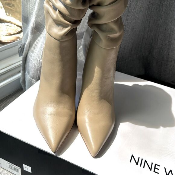 Nine West Women’s Boots WNSlouch Jenn Ivory Cream Tan Mid Calf 8.5 Leather - Picture 2 of 8